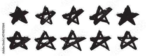 grunge stars doodle set. brush stroke texture, stained distress style stars set. punk rock posters, banners, labels. dirty stars elements