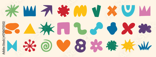 colorful organic doodle hand drawn colorful set. shapes and squiggles childish style. Abstract funny cute kids shapes elements. naive art