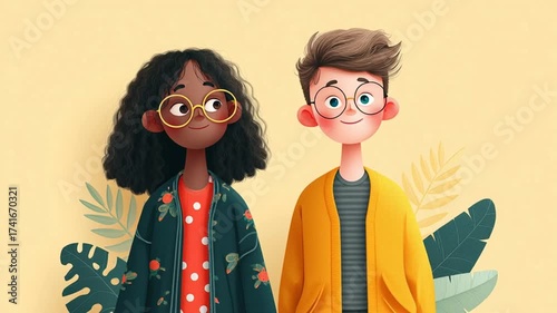 A colorful, original video in vector style about the relationship between a boy and a girl, which will soon develop, or has already developed, into the most beautiful romantic feeling - love