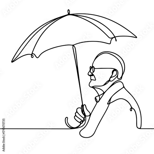Elderly man holding umbrella minimal line drawing