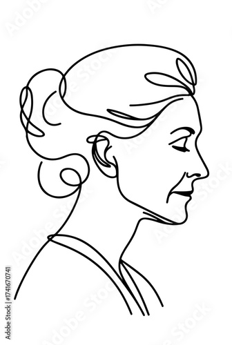 Elder woman with elegant updo minimal line drawing