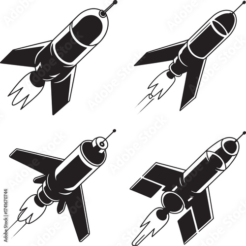 Four black and white retro rocket ship illustrations with exhaust flames spaceship vintage