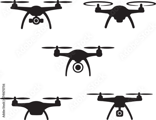 Five black silhouette drone icons with cameras on white background quadcopter aerial