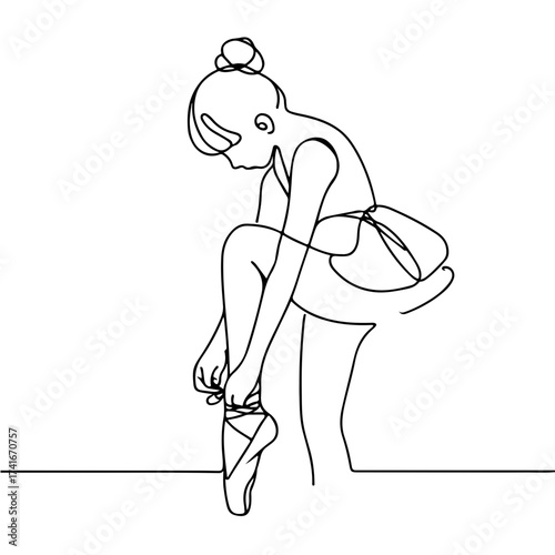 Little ballerina tying pointe shoes single line art