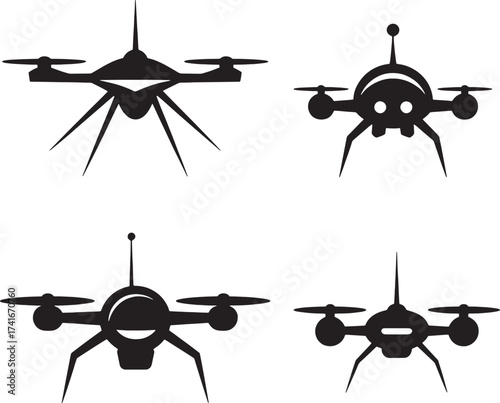 Four black drone icons with different designs on white background quadcopter aerial vehicle