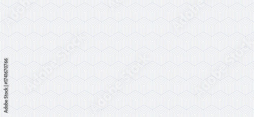Vector subtle minimalist seamless pattern with hexagons, lines. Blue and white abstract geometric background with hex grid. Simple minimal outline texture. Trendy repeated geo design for print, decor