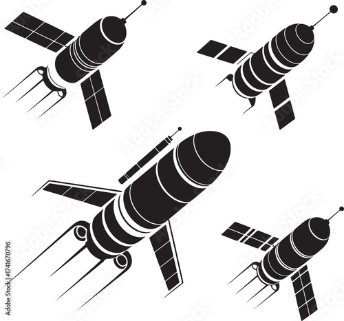 Four black silhouette satellites with solar panels in flight space technology
