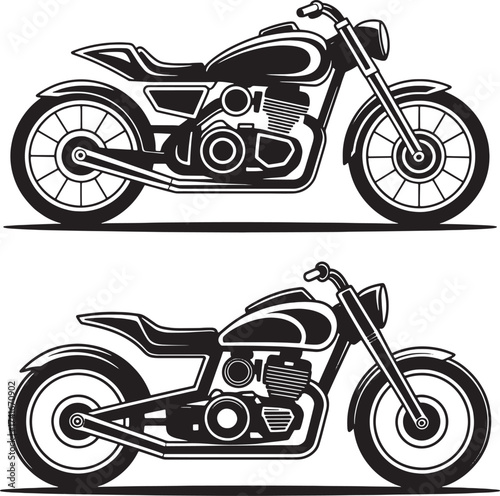 Two black and white vector illustrations of motorcycles side by side bike vehicle