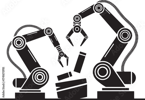 Two black robotic arms assembling components on a white background industrial robot automation