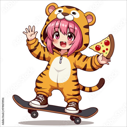 Vector fashion design for children t-shirt. Anime girl with pink hair on skateboard in tiger kigurumi jumpsuit with slice of pizza isolated on transparent background. Cartoon print for fabric, clothes