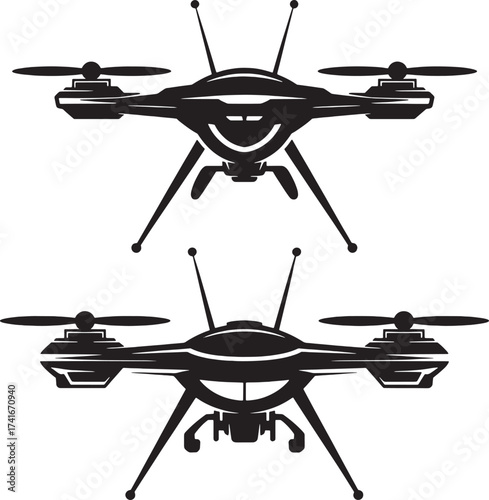 Two black silhouette quadcopter drones with antennas and propellers aerial vehicle technology