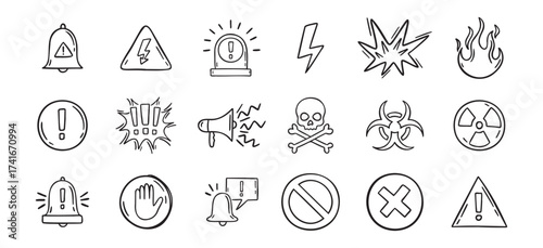 Warning doodle hand drawn icons set. Danger drawing sketch signs 