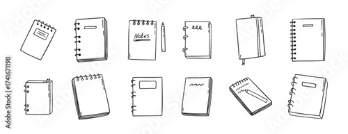 notebook doodle hand drawn icon set. Outline drawing notebooks line clipart symbol. Isolated doodle exercise book