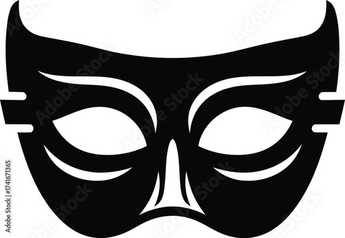 A black silhouette icon of a mysterious masquerade or superhero mask on a white background.