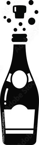 Black and white icon of a champagne bottle with a popping cork and rising bubbles, symbolizing celebration.
