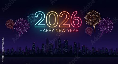 2026 Happy New Year Vector Banner with Colorful Fireworks Exploding Above Modern City Skyline Silhouette at Night