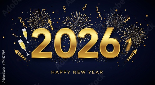 2026 Happy New Year Vector Banner with Golden Fireworks, Sparkling Confetti, and Glowing Metallic Numbers on Deep Blue Background