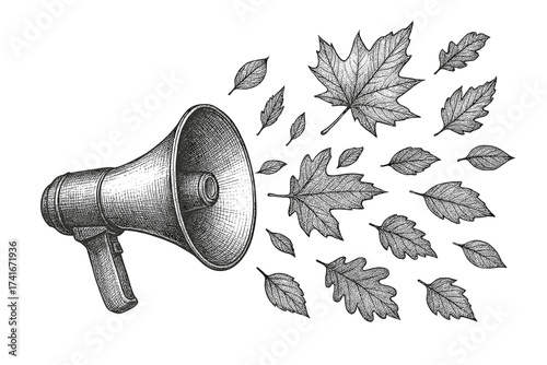 Autumn Leaves Blowing from Megaphone — Engraving Sketch Hand-Drawn Vector Illustration	
