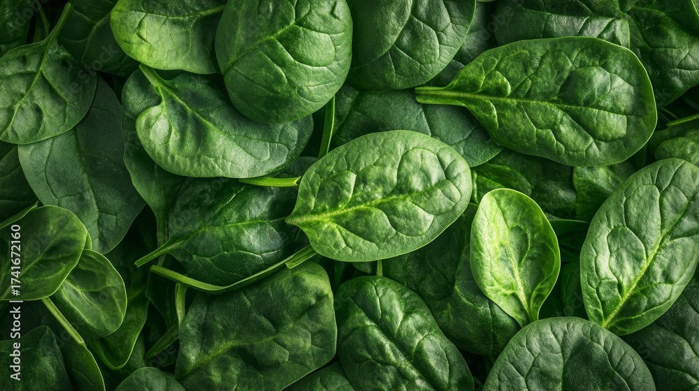 Obraz premium Aerial perspective of fresh organic spinach leaves a healthy vegan culinary delight