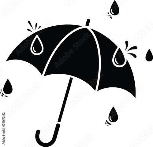 A black silhouette of an umbrella protecting from falling raindrops.
