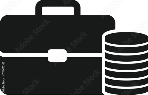 A black and white icon of a business briefcase next to a stack of coins representing finance and investment.