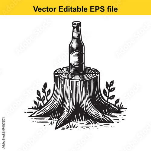 Vector art of bottle of beer on a tree stump