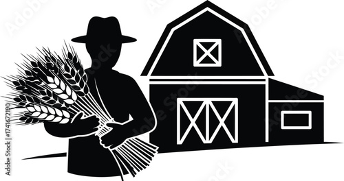 Silhouette of a farmer holding a bundle of wheat in front of a barn.