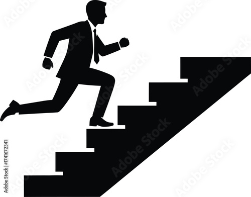 Silhouette of a businessman in a suit running up a flight of stairs, symbolizing career advancement and progress.