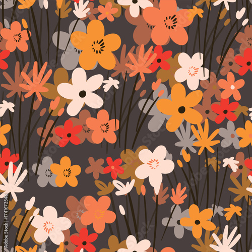 Seamless floral pattern based on traditional folk art ornaments. Colorful flowers on color background. Scandinavian style. Sweden nordic style. Vector illustration. Simple minimalistic pattern.