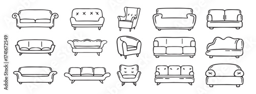 sofa and armchair doodle hand drawn icon set. luxury couch for apartment, comfort sofa models. Outline drawing sofa and armchair line clipart symbol collection