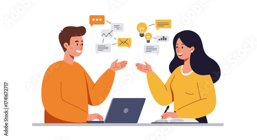 Collaborative teamwork concept showing two colleagues discussing a project, sharing creative ideas, and planning business strategy
