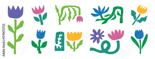 Abstract flowers plants set. flowers and leaves. hand drawn naive art, infantile style art. colorful trendy flower bold elements