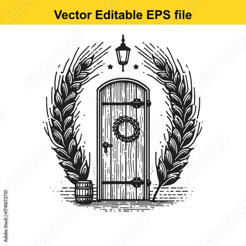 Vector art of vintage door with wheat and barrel
