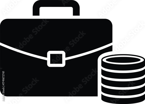 A black and white illustration of a briefcase next to a stack of coins, symbolizing business and finance.