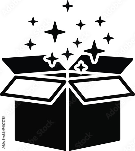 Black silhouette of an open cardboard box with sparkling stars rising from inside, symbolizing magic, surprise, or a special gift.