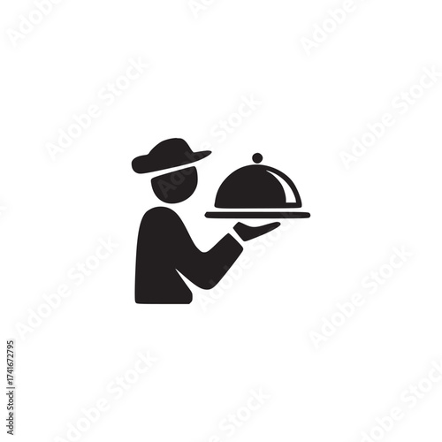 Vector art of elegant waiter serving food on a platter, the silhouette of a professional server adds a touch of sophistication to any culinary project