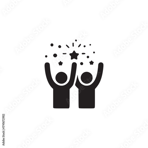 Vector art of two people celebrating success, raising their arms in joy with a star above them, a symbol of teamwork, achievement, and happiness