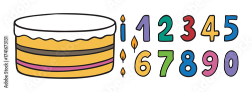 Cartoon colorful kids birthday cake with numbers template drawing doodle style. Birthday cake, burning candles and numbers. Celebration and cake decoration.