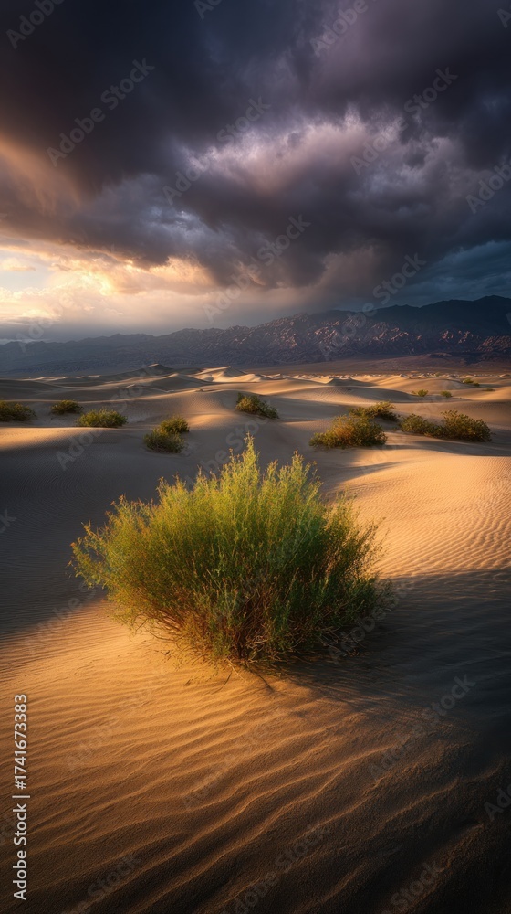 Fototapeta premium Dramatic desert landscape with sand dunes, vegetation, mountains, and stormy sky