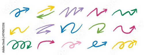 Hand drawn colorful arrows doodle set line art directional design