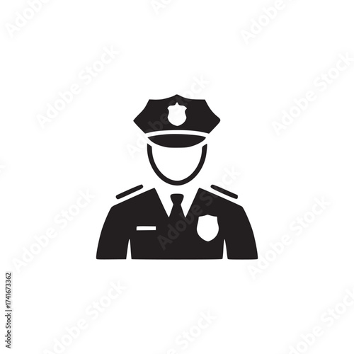 Vector art of a black silhouette of a police officer in uniform, , symbolizing law enforcement, security, and public service with authority