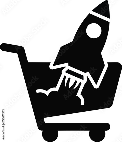 A black silhouette icon of a rocket launching from a shopping cart, symbolizing fast delivery or business growth.