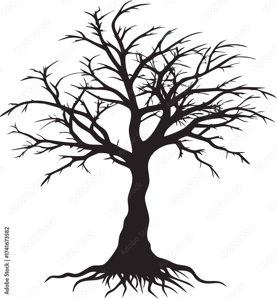 Obraz premium Silhouetted leafless tree with detailed roots and branching structure