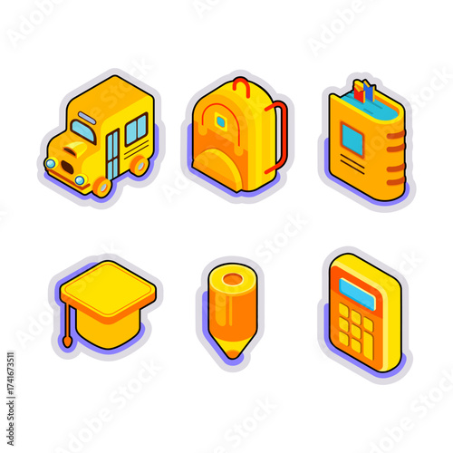 A sticker set of school objects. School bus, backpack, book, graduation cap, pencil, and calculator. Bright yellow icons with a purple outline. Isometric style. Vector illustration.