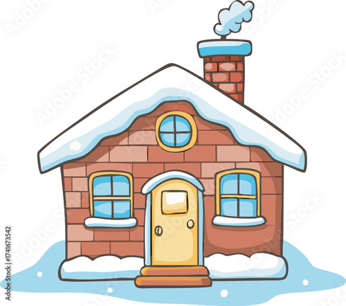 Cozy snow covered brick house charming winter cottage with smoke from chimney