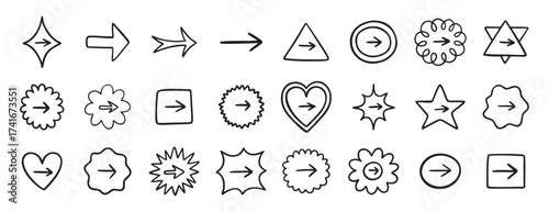 Cute arrow in frame set for bullet journal doodle hand drawn icon set. Diary note arrow elements in the shape of flower, star, heart, circle.