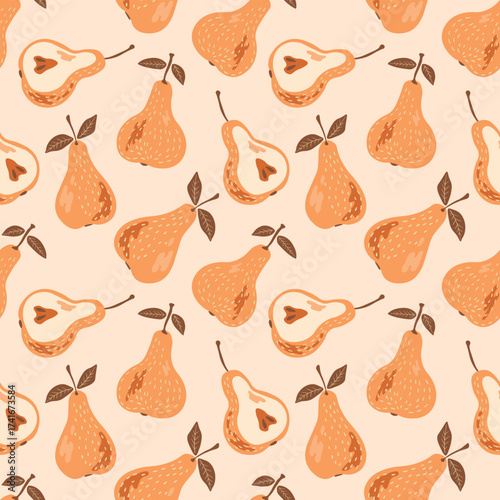 Seamless pattern with pear on color background. Natural delicious fresh ripe tasty fruit. Sweet pears with leaves. Food concept. Vector illustration for print, fabric, textile.
