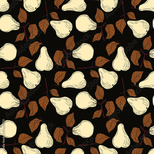 Seamless pattern with pear on color background. Natural delicious fresh ripe tasty fruit. Sweet pears with leaves. Food concept. Vector illustration for print, fabric, textile.