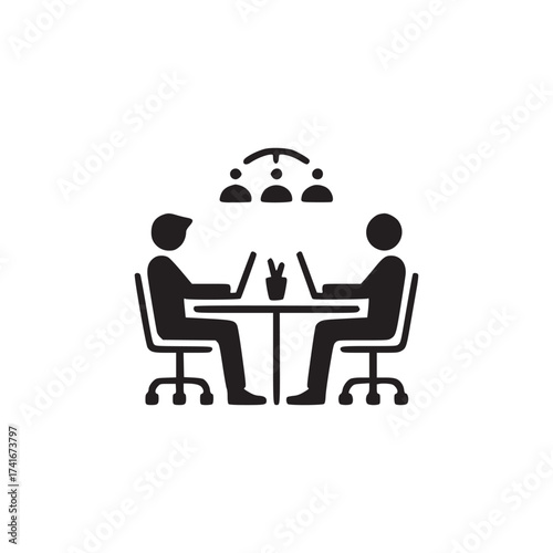 Vector art of two people are sitting at a table with laptops, working together on a project, they are collaborating and sharing ideas