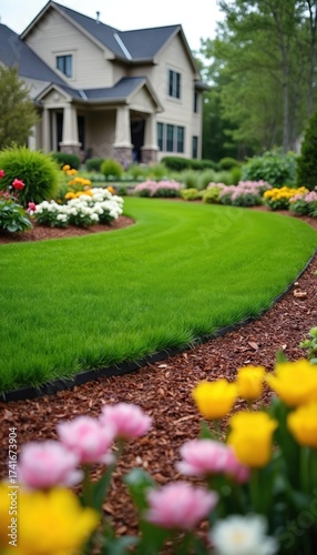 Wallpaper Mural Residential home exterior with manicured lawn flower beds, landscaping. Lush green grass, colorful blooms adorn yard. Suburban design showcases backyard aesthetic. Gardening, home exterior concept. Torontodigital.ca